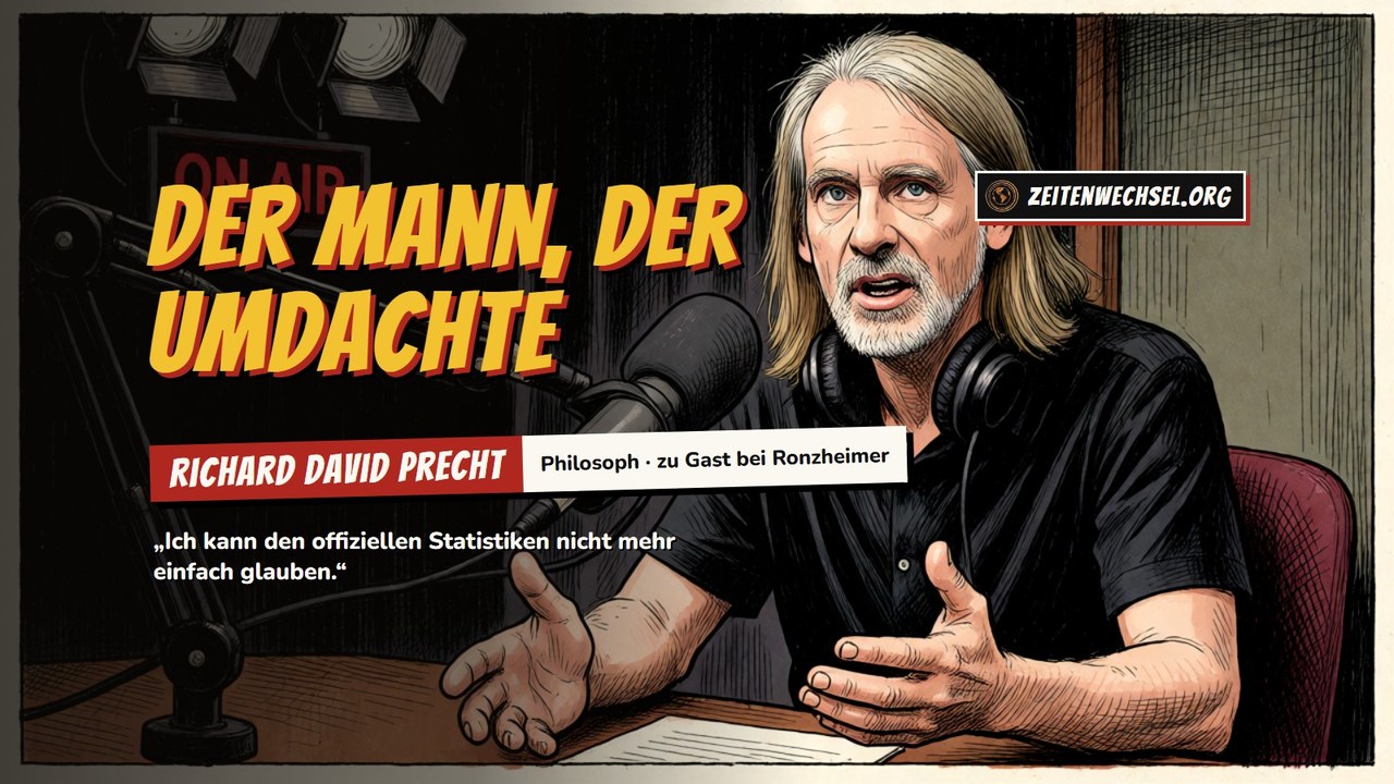 Comiczeichnung: Richard David Precht im Podcast-Studio – Der Mann, der umdachte