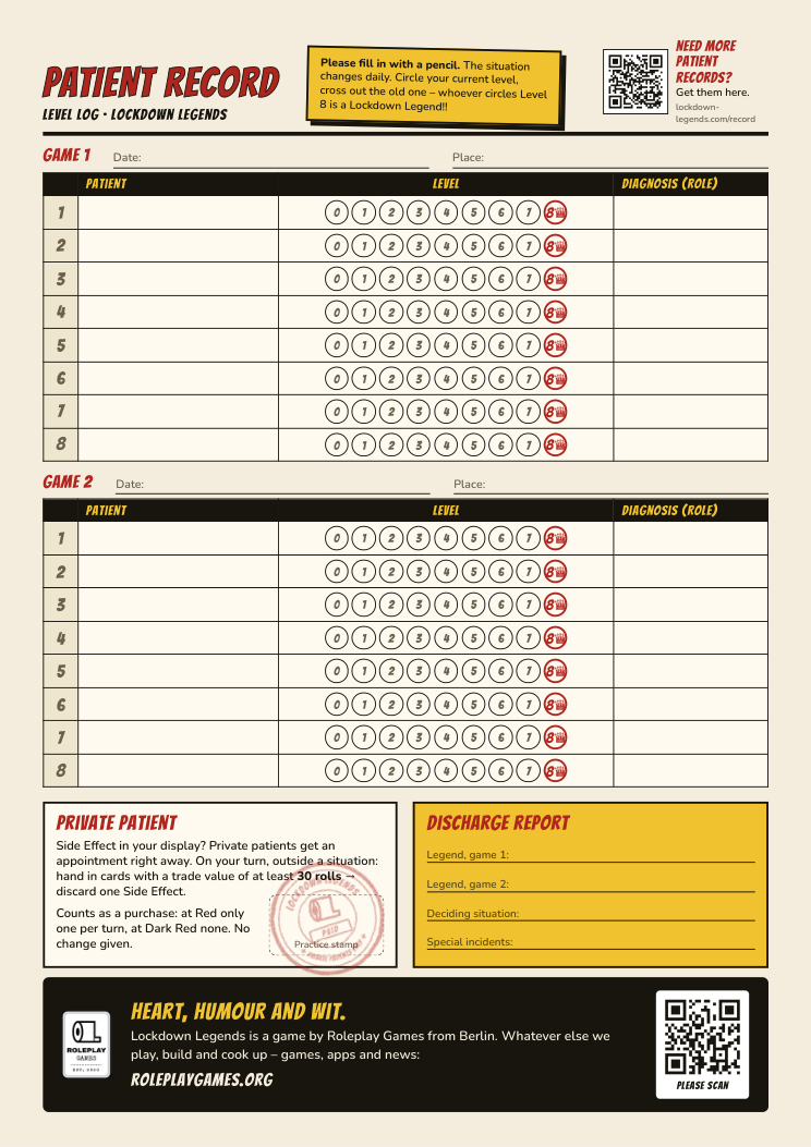 Preview: Lockdown Legends patient record with a level log for two games